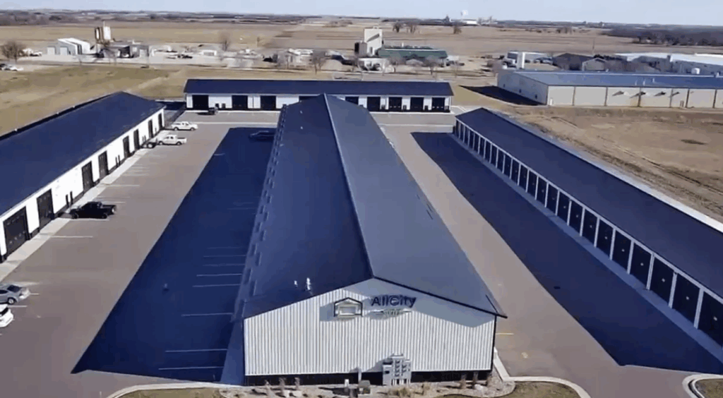 Aerial view of industrial storage facility.