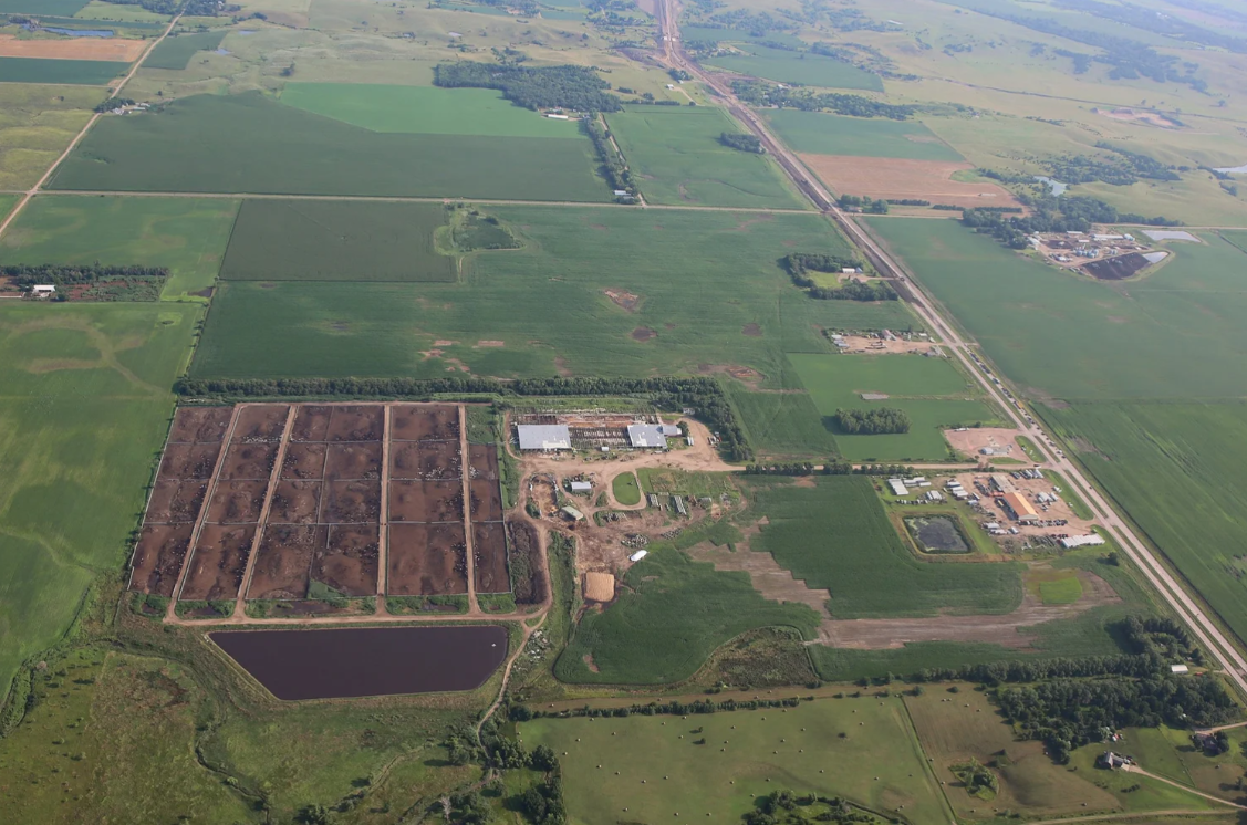 Aerial view of cattle feedlot and farmland